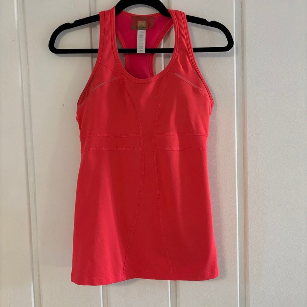 Athleta Pink Coral Tank Top Built In Bra Back Pocket Women's Small Active